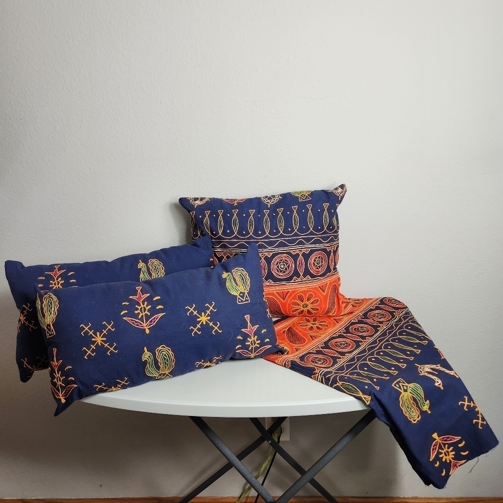 Handcrafted Boho Embroidered Repurposed Fabric Set of Pillows